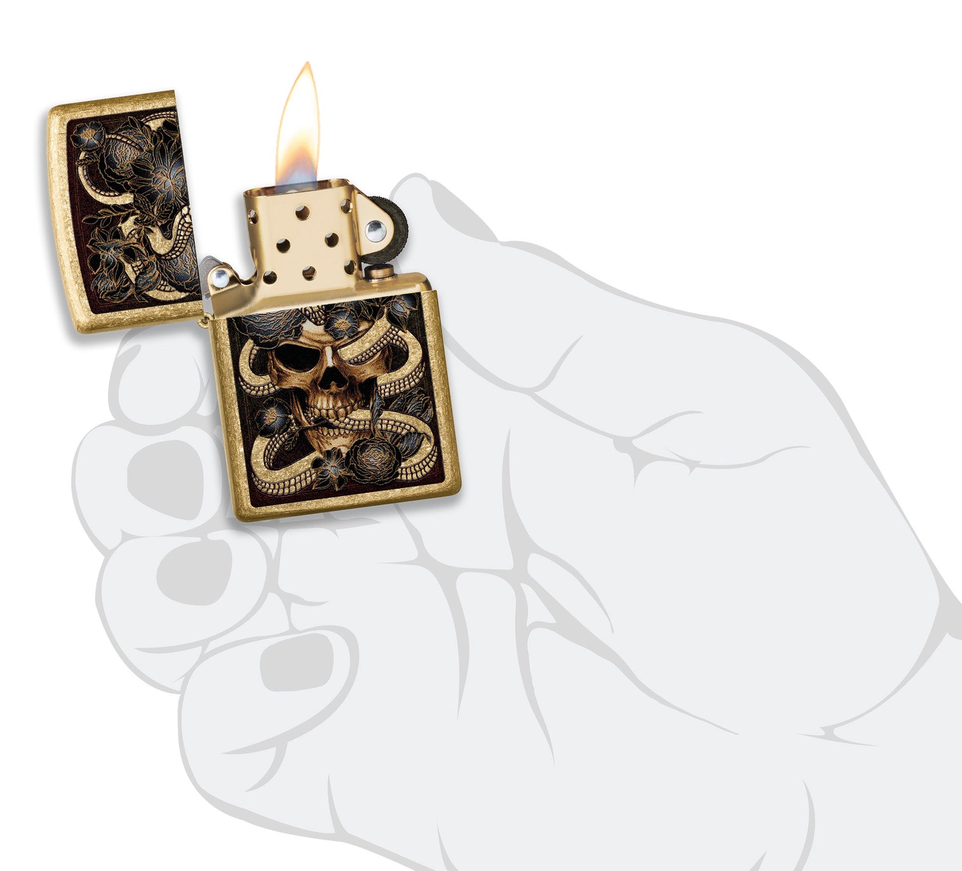 Snake Bouquet Design Tumbled Brass Windproof Lighter lit in hand.