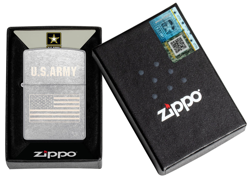 Zippo U.S. Army US Flag Laser Engrave Street Chrome Windproof Lighter in its packaging.