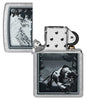 Mountain Lion Design Street Chrome Windproof Lighter with its lid open and unlit.
