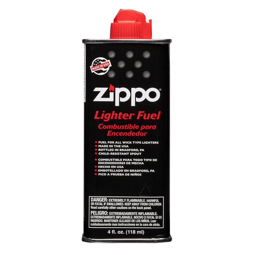 Front of 4 Fluid Ounce Zippo Lighter Fuel standing at a 3/4 angle