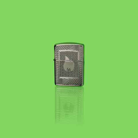 Glamour shot of Zippo Flame Pattern Design Armor Black Ice Windproof Lighter  standing in a green scene.