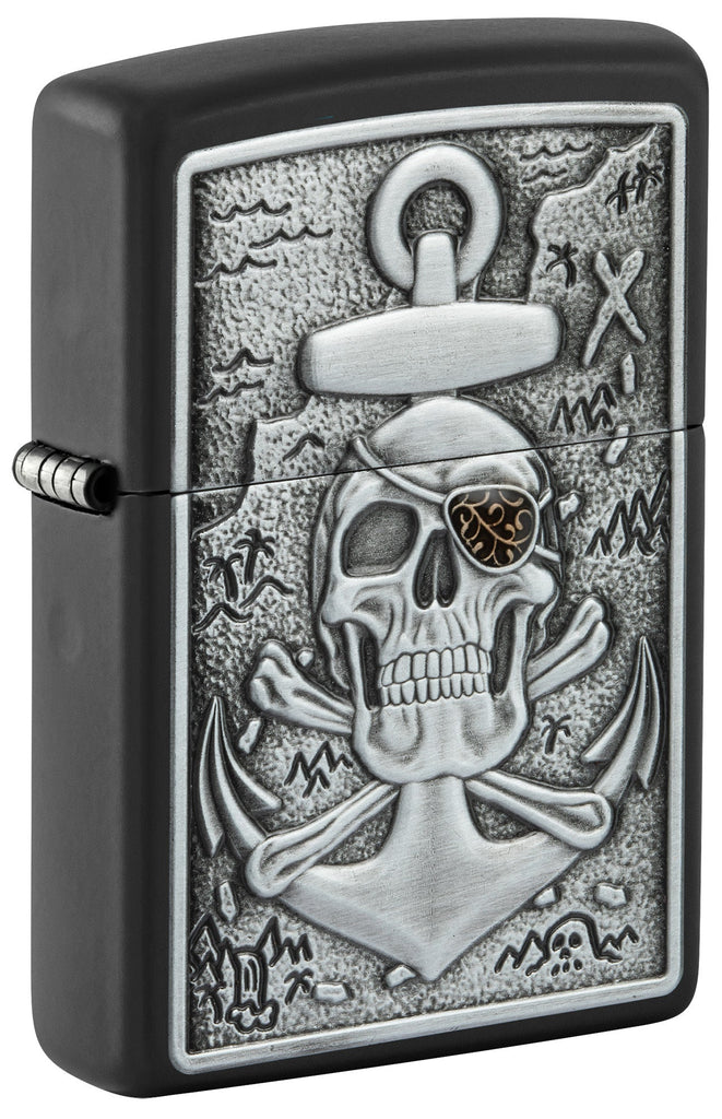 Front shot of Skull Anchor Emblem Design Black Matte Windproof Lighter standing at a 3/4 angle