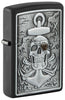 Front shot of Skull Anchor Emblem Design Black Matte Windproof Lighter standing at a 3/4 angle