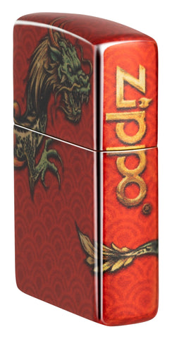 Zippo Dragon Design 540 Fusion Windproof Lighter standing at an angle, showing the front and right side of the lighter.