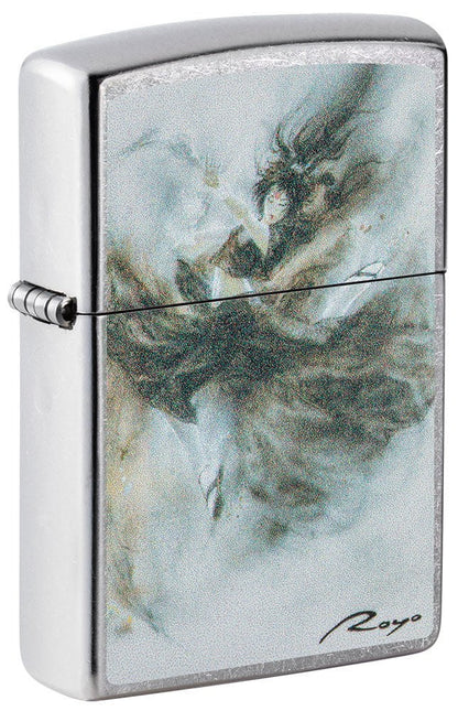 Front shot of Luis Royo Design Street Chromeâ„¢ Windproof Lighter standing at a 3/4 angle.
