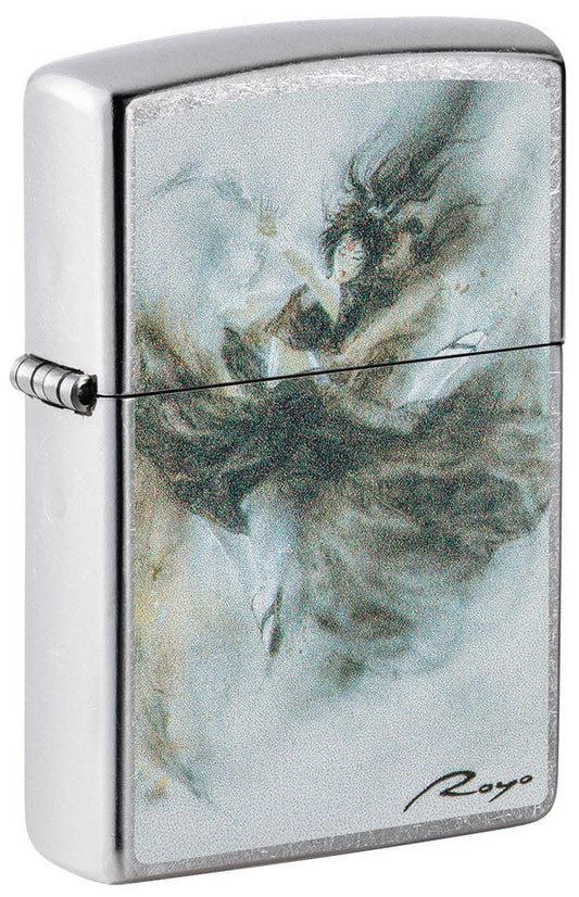 Front shot of Luis Royo Design Street Chromeâ„¢ Windproof Lighter standing at a 3/4 angle.