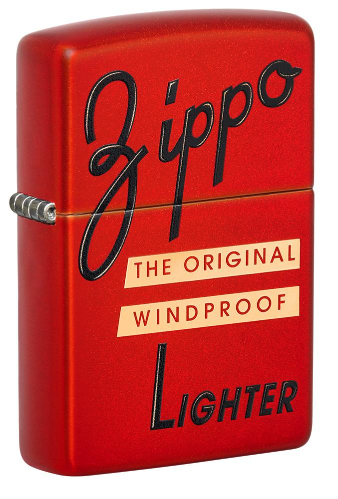 Front shot of Zippo Red Box Top Design Metallic Red Windproof Lighter standing at a 3/4 angle