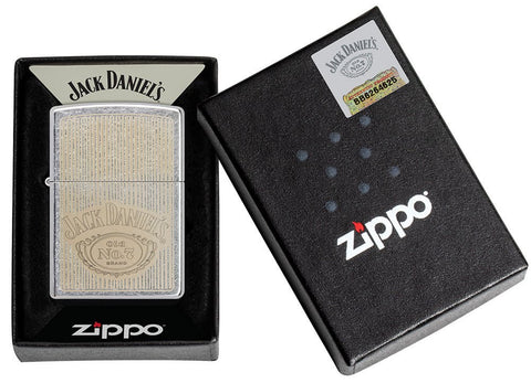 Jack Daniel's® Logo Street Chrome™ Windproof Lighter in its packaging.