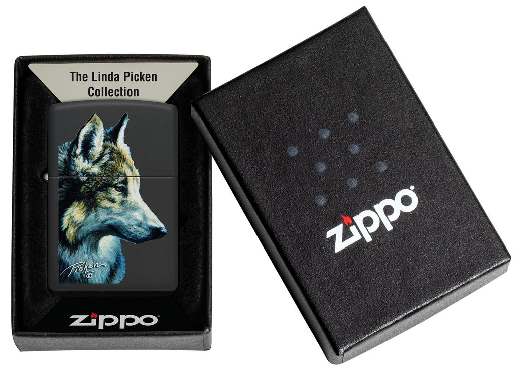 Zippo Linda Pickens Wolf Design Black Matte Windproof Lighter in its packaging.