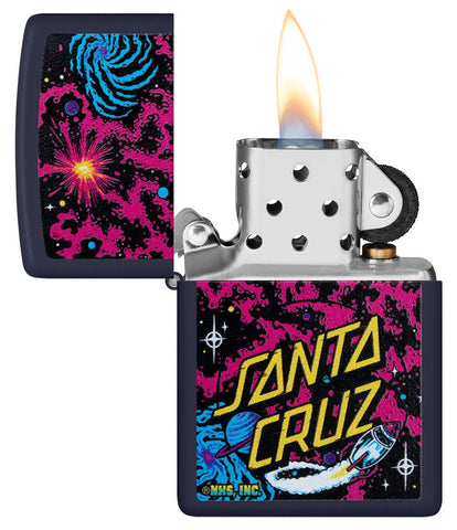 Santa Cruz Outer Space Galaxy Design Navy Matte Windproof Lighter with its lid open and lit.