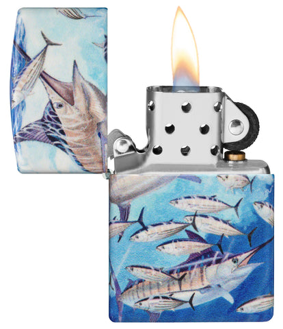 Zippo Guy Harvey 2023 Artist Livestream Windproof Lighter with its lid open and lit.