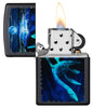 Black Light Loch Ness Design Black Matte Windproof Lighter with its lid open and lit.