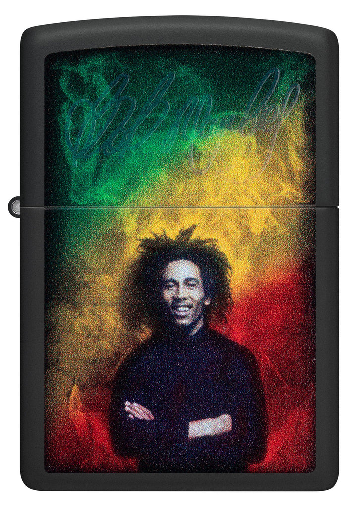 Front view of Zippo Black Light Bob Marley Design Black Matte Windproof Lighter.