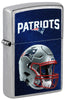 Front shot of NFL New England Patriots Helmet Street Chrome Windproof Lighter standing at a 3/4 angle.