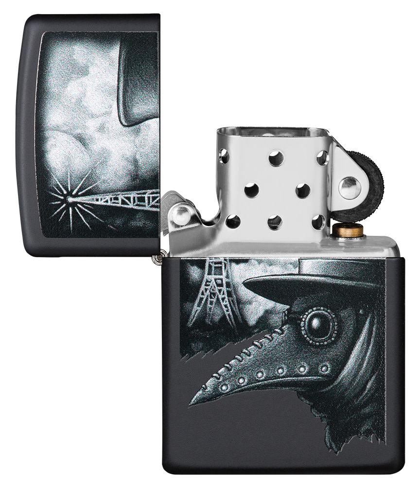 Plague of Disinformation Black Matte Windproof Lighter with its lid open and unlit