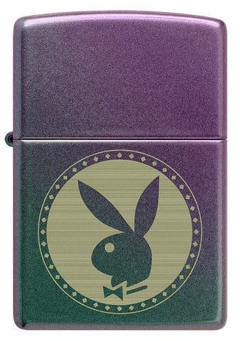 Front shot of Playboy Engraved Rabbit Head Iridescent Windproof Lighter.