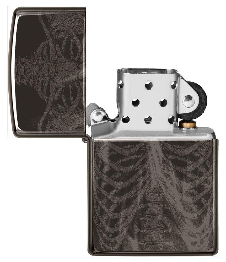 Rib Cage Design High Polish Black Windproof Lighter with its lid open and unlit.