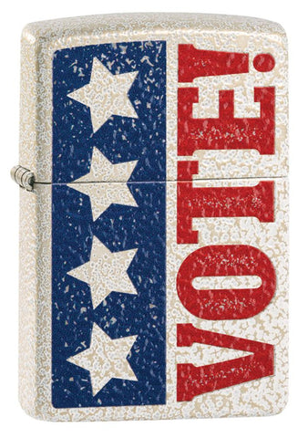 Front view of Vote Design Mercury Glass Windproof Lighter standing at a 3/4 angle