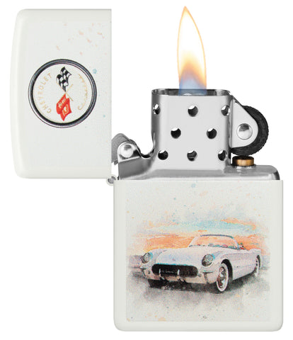 Chevy Vintage Corvette White Matte Windproof Lighter with its lid open and lit.