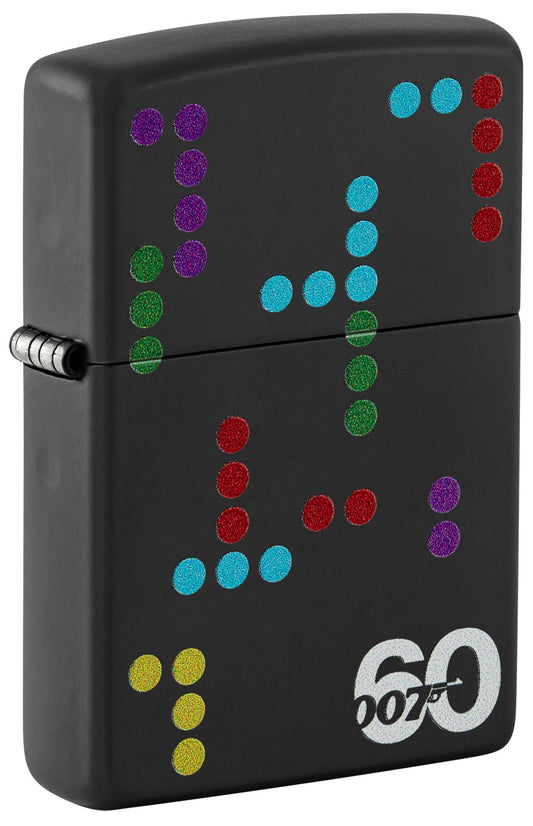 Front shot of James Bond 007â„¢ 60th Anniversary Black Matte Windproof Lighter standing at a 3/4 angle.