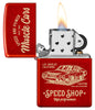 Zippo Muscle Car Design Metallic Red Windproof Lighter with its lid open and lit.