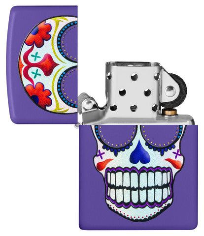 Sugar Skull Design Purple Matte Windproof Lighter with its lid open and unlit.