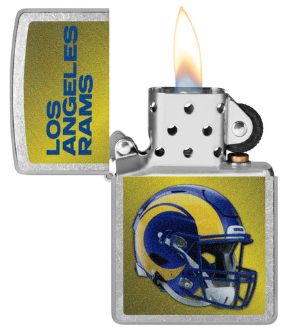 Zippo NFL Los Angeles Rams Helmet Street Chrome Windproof Lighter with its lid open and lit.
