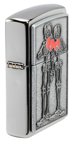 Angled shot of Zippo Couple Love Emblem Brushed Chrome Windproof Lighter, showing the emblem design.