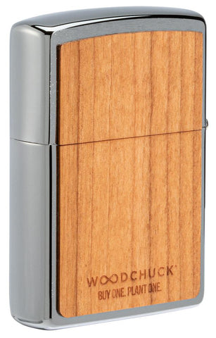 Back view of WOODCHUCK USA Cherry Tiger Head Emblem Windproof Lighter standing at a 3/4 angle.