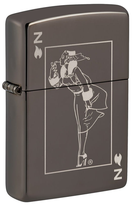 Front shot of Windy Design Card Black IceÂ® Windproof Lighter standing at a 3/4 angle.