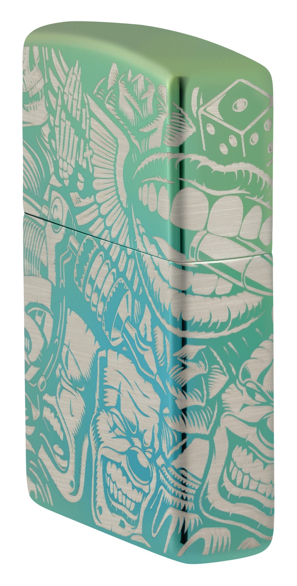Laser 360Â° Tattoo Theme Design High Polish Teal Windproof Lighter standing at an angle, showing the front and right side of the lighter.