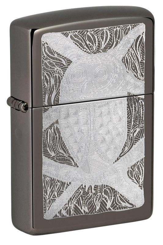 Front shot of John Smith Gumbula Owl Black IceÂ® Windproof Lighter standing at a 3/4 angle