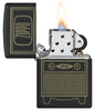 Zippo Vintage TV Design Black Matte Windproof Lighter with its lid open and lit.