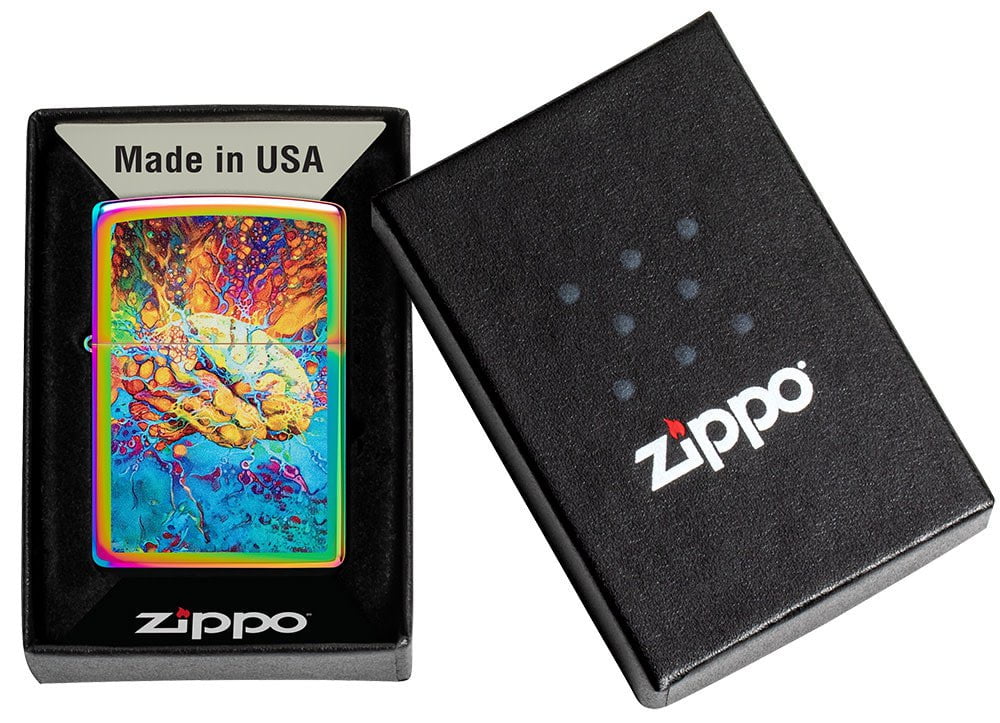 Psychedelic Brain Design Multi Color Windproof Lighter in its packaging.