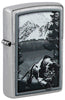 Front shot of Mountain Lion Design Street Chrome Windproof Lighter standing at a 3/4 angle.