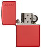 Classic Red Matte Zippo Logo Windproof Lighter with its lid open and unlit.