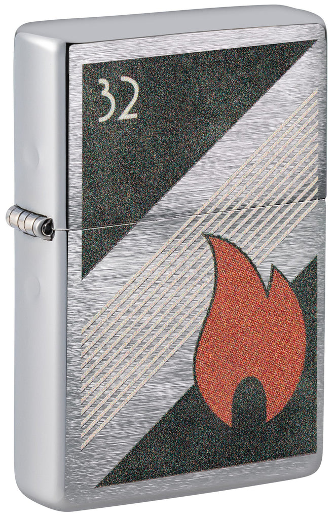 Front shot of Zippo 32 Flame Design Vintage High Polish Chrome Windproof Lighter standing at a 3/4 angle.