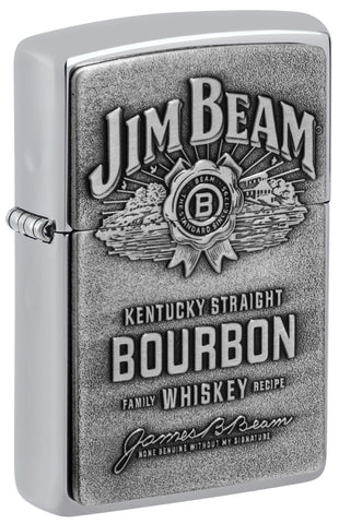 Front shot of Jim Beam Bourbon Whiskey Emblem High Polish Chrome Finish Lighter standing at a 3/4 angle.