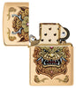 Zippo Foo Dog Design Brushed Brass Windproof Lighter with its lid open and unlit.