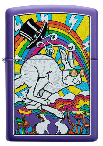 Front shot of White Rabbit Design Purple Matte Windproof Lighter.