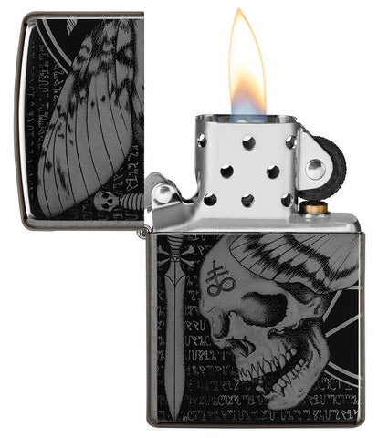 Hawkmoth High Polish Black Windproof Lighter with its lid open and lit