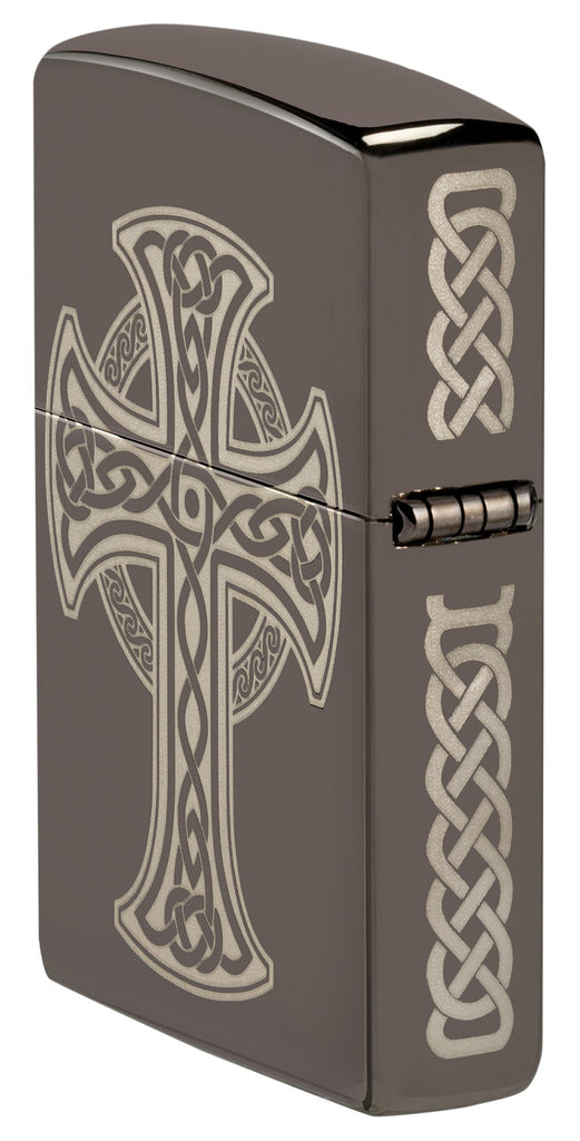Angled shot of Zippo Laser Engraved Celtic Cross Design Black Ice Windproof Lighter showing the back and hinge side of the lighter.