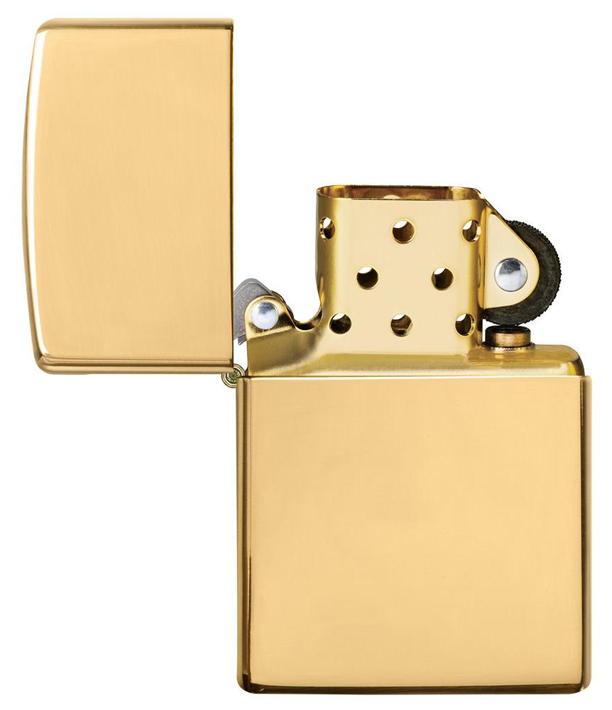 ArmorÂ® High Polish 18K Solid Gold Windproof Lighter with its lid open and unlit.
