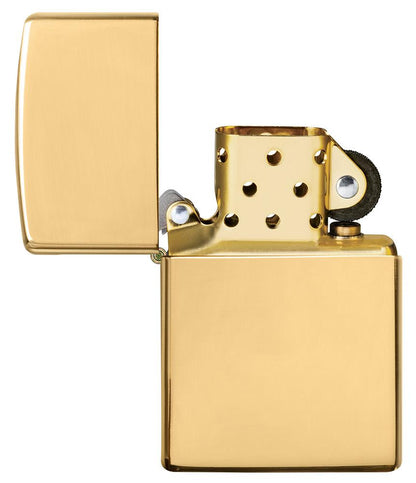 ArmorÂ® High Polish 18K Solid Gold Windproof Lighter with its lid open and unlit.