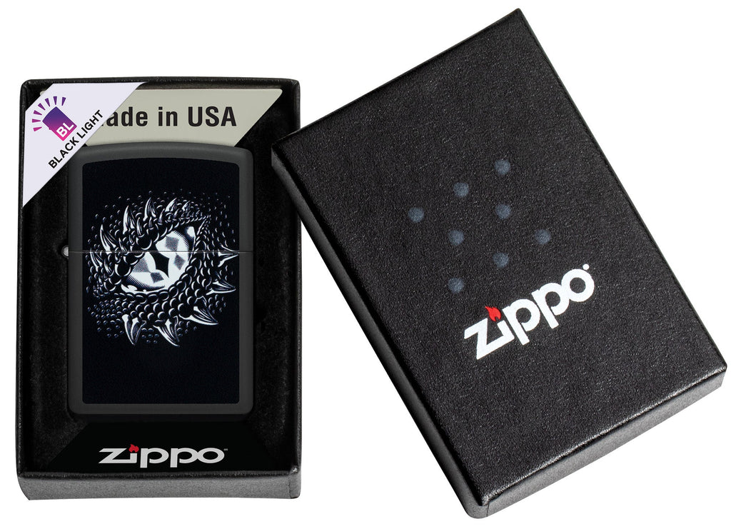 Zippo Black Light Dragon Eye Design Black Matte Windproof Lighter  in its packaging.