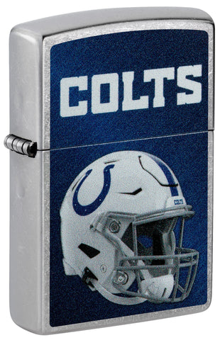 Front shot of NFL Indianapolis Colts Helmet Street Chrome Windproof Lighter standing at a 3/4 angle.