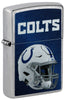 Front shot of NFL Indianapolis Colts Helmet Street Chrome Windproof Lighter standing at a 3/4 angle.
