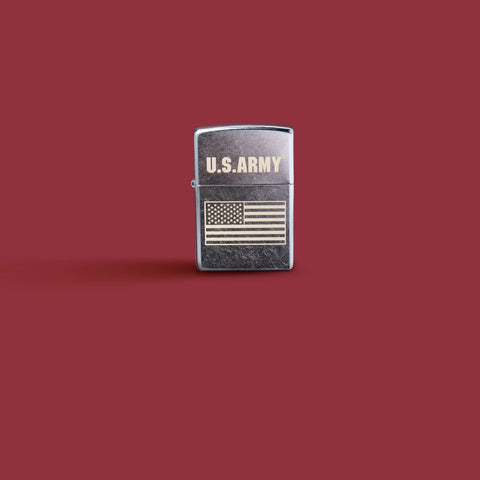 Glamour shot of Zippo U.S. Army US Flag Laser Engrave Street Chrome Windproof Lighter standing in a red scene.