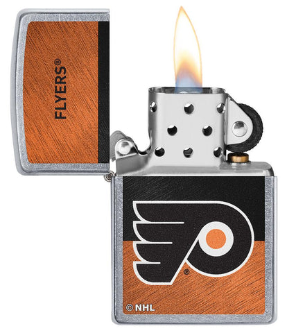 NHL® Philadelphia Flyers Street Chrome™ Windproof Lighter with its lid open and lit