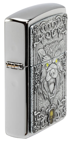 Angled view of Zippo Wolf Emblem Design Brushed Chrome Windproof Lighter, showing the emblem design.